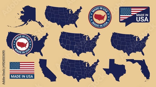 Made in USA Seals, Badges & United States Map Collection with States Outline Vector Set
