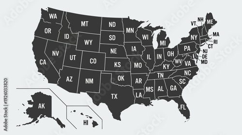 USA Map with All 50 States Outlined and Abbreviated - Detailed Vector Graphic of United States Geography for Education & Design
