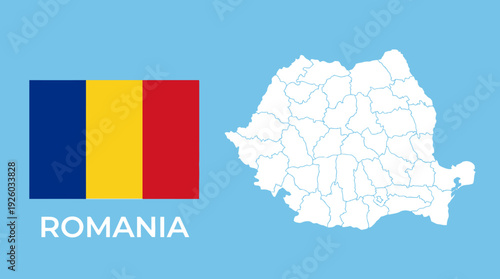 Romania Flag and Map with Administrative Divisions on Blue Background