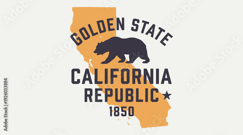 Vintage California Golden State Republic Map with Grizzly Bear and 1850 Text
