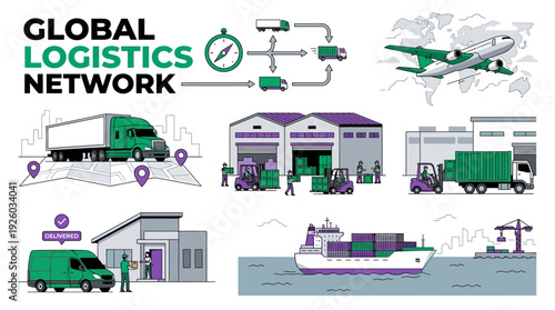 Global Logistics Network Illustration: Supply Chain Management, Freight Transportation, Warehousing, and Delivery System