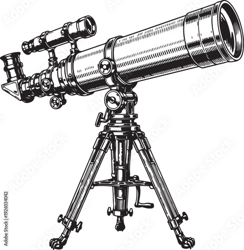 Vintage telescope on tripod stand old astronomical instrument for scientific exploration and stargazing on transparent background illustration