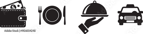 Set of 4 Icons: Car Accident Food Service Dining Setting Wallet with Money