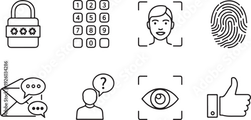 Security Icons Set: Lock Keypad Face Fingerprint Mail Question Eye Thumbs Up