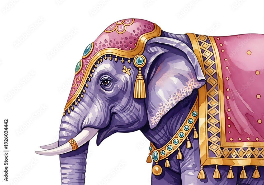 Obraz premium Ornate Elephant Headpiece with Decorative Gold and Pink Accents in Detailed isolated on a transparent background