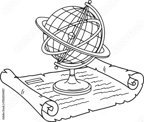 Wireframe armillary sphere on lined paper, scientific instrument for astronomy and navigation, historical device for celestial navigation and exploration, vintage education