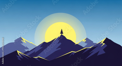 Lone Tree Silhouetted Against a Bright Sun on Mountain Peak.