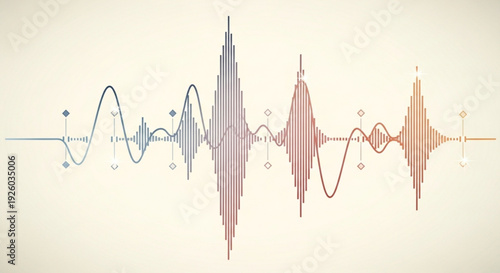 Multicolored sound wave pattern with oscillating lines and dots on a beige background representing audio signal