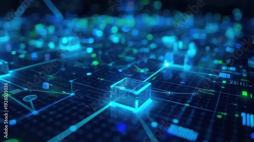 Digital network cube nodes connected by glowing circuit lines neon blue conveying secure data flow
