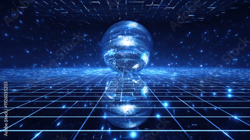 Vibrant blue disco background features reflective disco ball surrounded by grid pattern, creating dynamic and energetic atmosphere perfect for dance and celebration