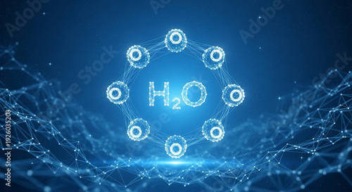 Futuristic digital illustration of a water molecule (H2O), featuring a circular, connected glowing network structure over a dark blue abstract wireframe landscape.