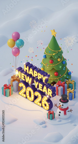 christmas tree and gifts happy new year 2026