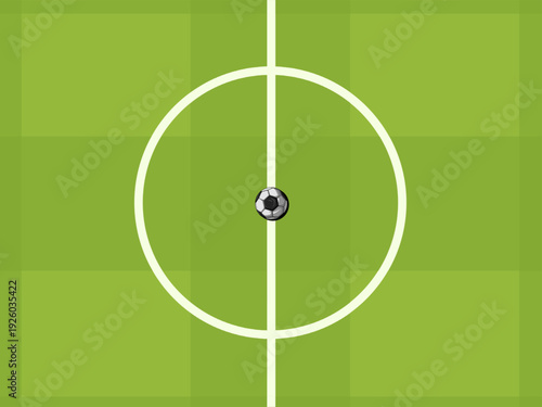 Vector of soccer field top view with ball at center circle, perfect for sports, kickoff, match design, and football game illustrations