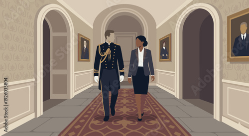 Chamberlain Escorting Visitor
Flat vector illustration of a chamberlain escorting a visitor through palace corridors. Decorative walls and carpet visible. Flat vector style, dignified and professional