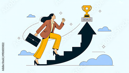Business success concept with woman climbing arrow stairs toward trophy