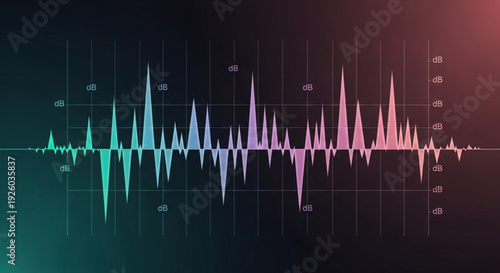 Multicolor sound wave graph with gradient background and grid lines illustrating audio signal patterns