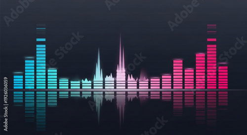Vibrant sound wave graphic with colorful bars on dark background reflecting on surface