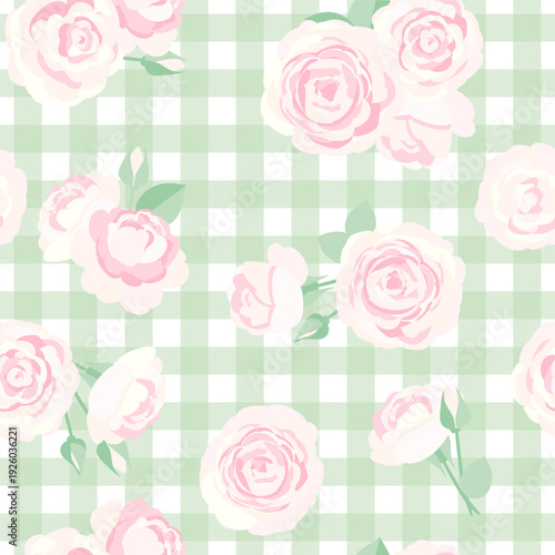 ギンガムチェック柄にピンクのバラのレトロなシームレスパターン