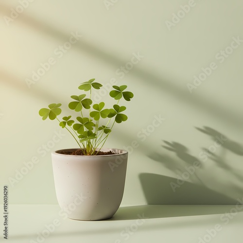 A small potted plant likely a species of Oxalis sits in a simple white ceramic pot.