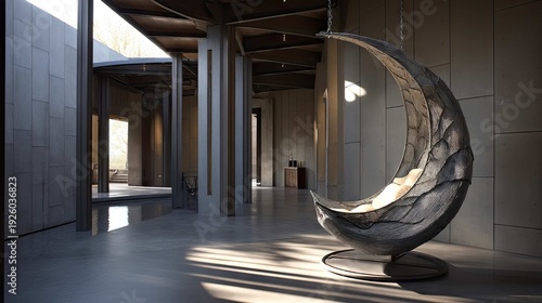 Modern Interior with Unique Hanging Chair in Minimalist Space Featuring Natural Light and Sleek Architectural Design