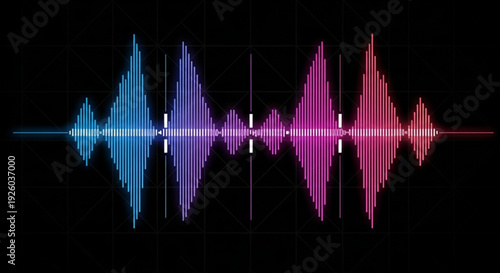 Vibrant sound wave pattern with blue purple and pink hues on a black background symbolizing music and audio technology