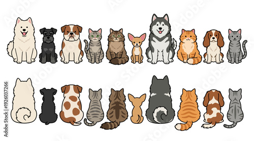 Cute Cartoon Dogs and Cats Collection - Front and Back View Pet Breeds Vector Illustration