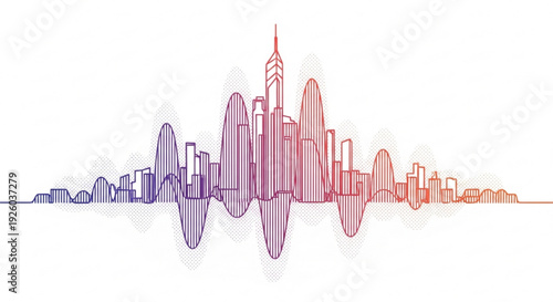 Vibrant cityscape sound wave illustration with colorful skyscrapers and urban landscape design elements