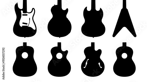 Vector Silhouettes of Various Electric and Acoustic Guitars: A Collection of Iconic Musical Instrument Shapes