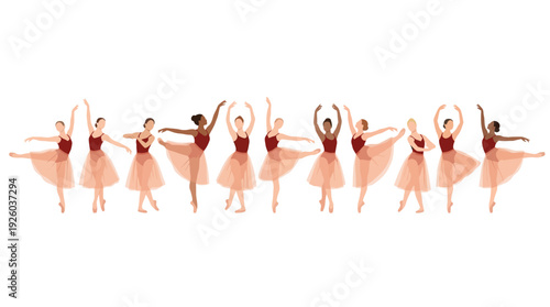 Graceful Diverse Ballerinas Dancing: Elegant Women in Various Ballet Poses. Flat Design Vector Illustration for Dance, Art, and Movement Concepts.