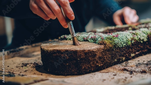 Hands of a Gardener Applying Soil and Fertilizer with Brush to Prepare a Planter for Fresh Planting in a Modern Workspace