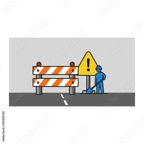 A worker is blocking off a road with barricades and a warning sign