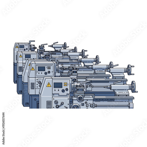 A row of industrial machines with various controls and panels