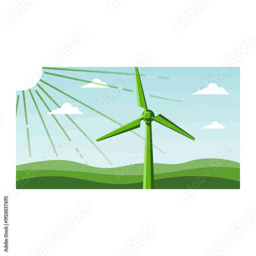 A green wind turbine in a sunny green landscape