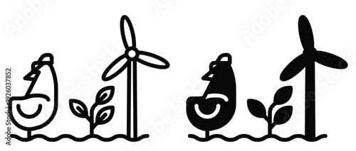 Minimalist Line Art of Wind Turbines and Plants for Sustainable Energy