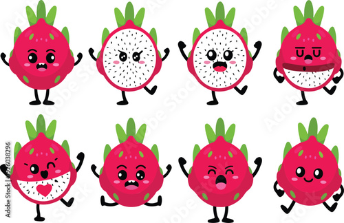 Playful Dragon Fruit Vector Pack Food Character Set for Stickers and Healthy Branding