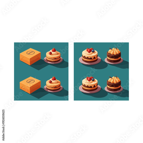 A pixel art illustration of cakes and brownies on plates