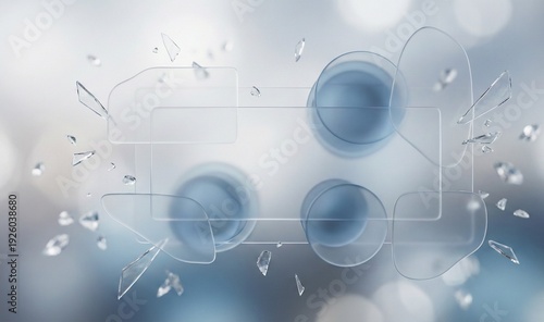 Abstract realistic glassmorphism background with translucent frosted panels, floating crystal shards, and soft bokeh light.
