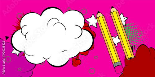 Cartoon Pencil with blank speech bubble, comic book Art Product background. Retro vector comics pop art design.