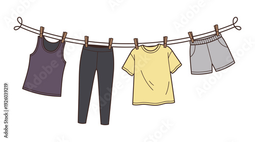 Cartoon Vector Illustration of Laundry Drying on a Clothesline with Clothespins. Fresh Washed Clothes: Tank Top, Leggings, T-Shirt, Shorts.