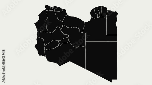 Libya Map with Administrative Divisions - Black Silhouette of North African Country's Regions on White Background