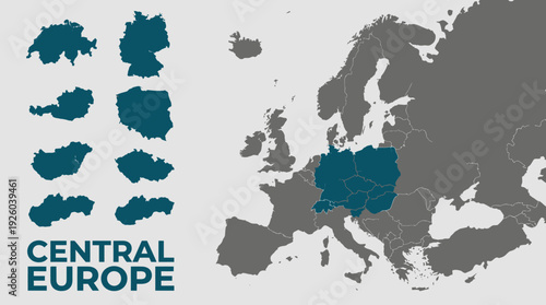 Central Europe Political Map with Highlighted Countries and Separate Individual Outlines - Germany, Poland, Austria, Switzerland, Hungary, Czech Republic, Slovakia, Slovenia