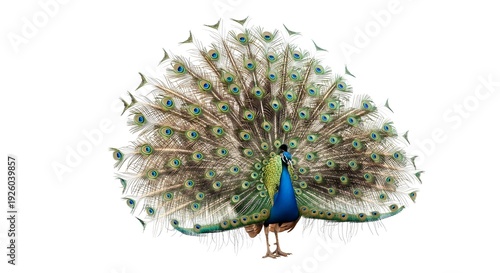 Majestic peacock displaying its vibrant, fanned tail feathers, a striking symbol of beauty and elegance, isolated against a pristine white background in stunning clarity and high resolution