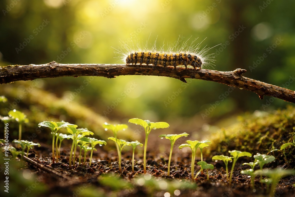 Fototapeta premium Fuzzy Caterpillar's Journey: A Macro View of Life's Beginnings in Nature