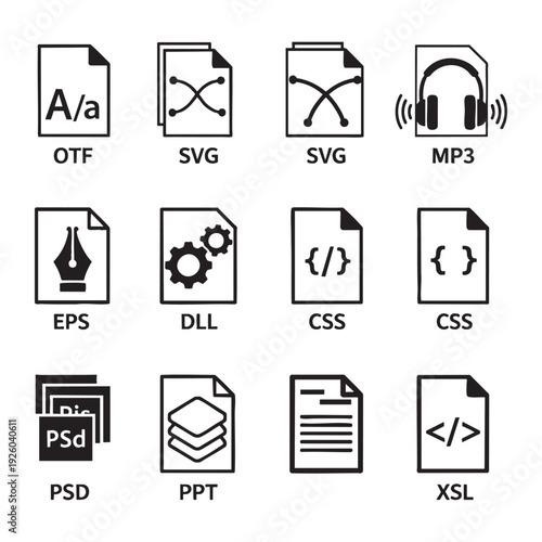 Black and white file format icons arranged in a grid layout showcasing various digital file types and extensions