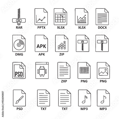 A collection of various file icons representing different document file formats and types shown from a straightforward viewpoint.