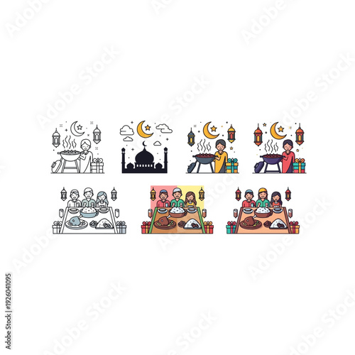 A series of six cartoon images with different color schemes