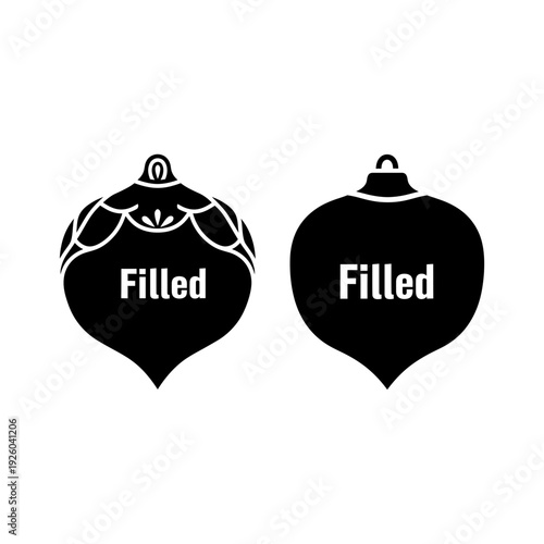 Two black acorn ornaments with filled text