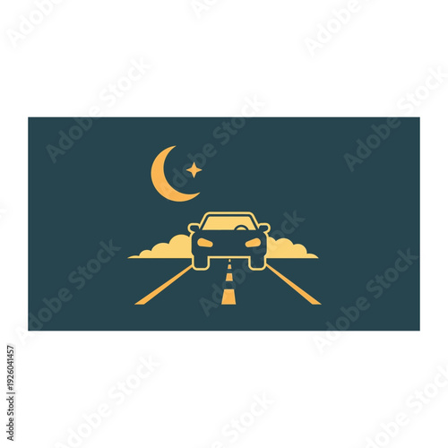 A car drives down a road under a crescent moon