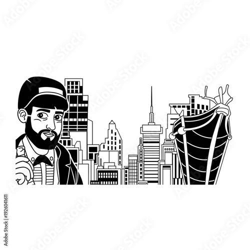 A man in a city with skyscrapers and tall buildings