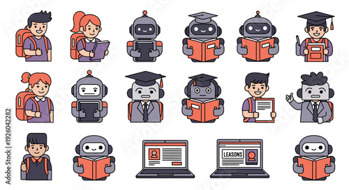 Cartoon Robot and Student Characters in Various Poses.